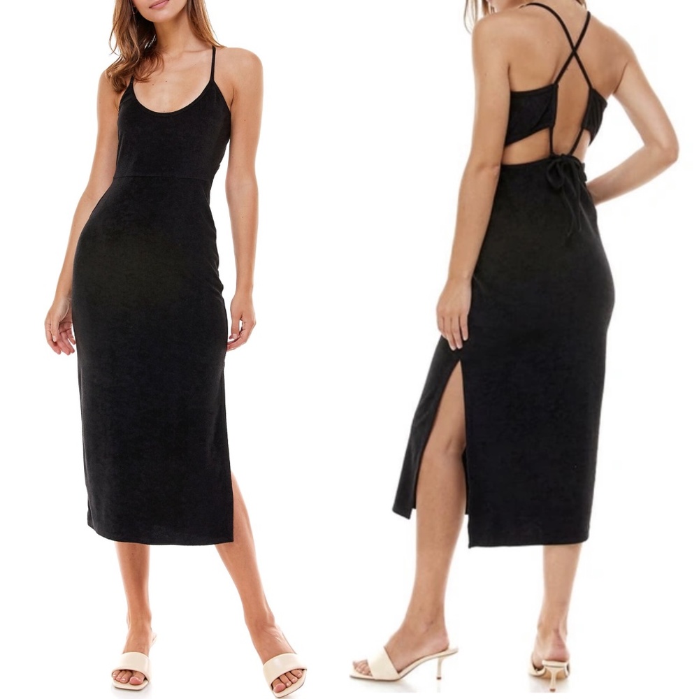 NEW Wayf BLACK Winona TERRY CLOTH Lace-Up Back MIDI Beach SLIT DRESS M